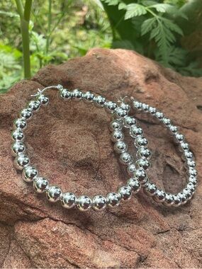 Authentic 925 Sterling Silver Large Beaded Hoop Statement Earrings 2” Diameter